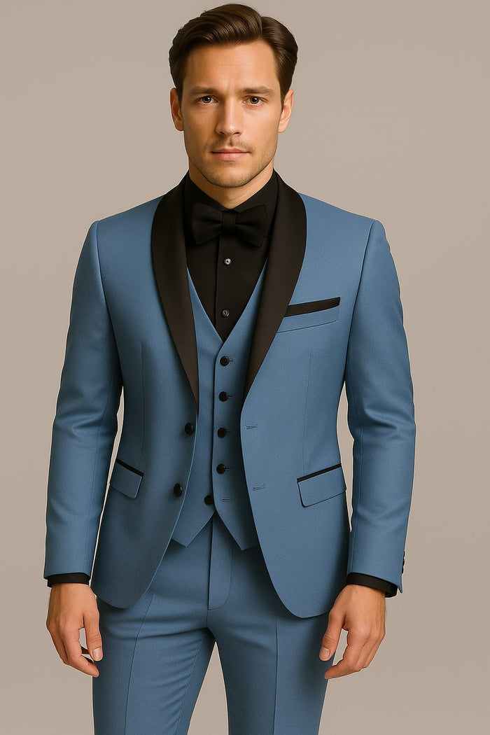 Steel Blue Tuxedo Suit with Black Shawl Lapel  3 Piece Slim Fit Wedding & Formal Attire in Light Blue Color