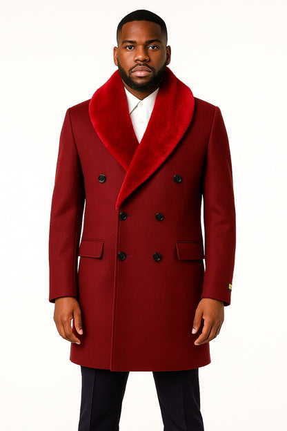 Mens Double-Breasted Burgundy Overcoat with Red Faux Fur Shawl Collar  Alberto Nardoni Winter Coat