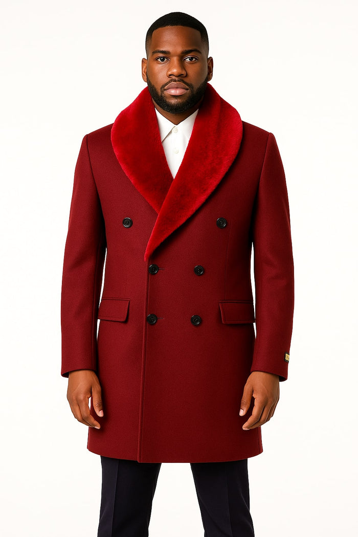 Mens Double-Breasted Burgundy Overcoat with Red Faux Fur Shawl Collar  Alberto Nardoni Winter Coat