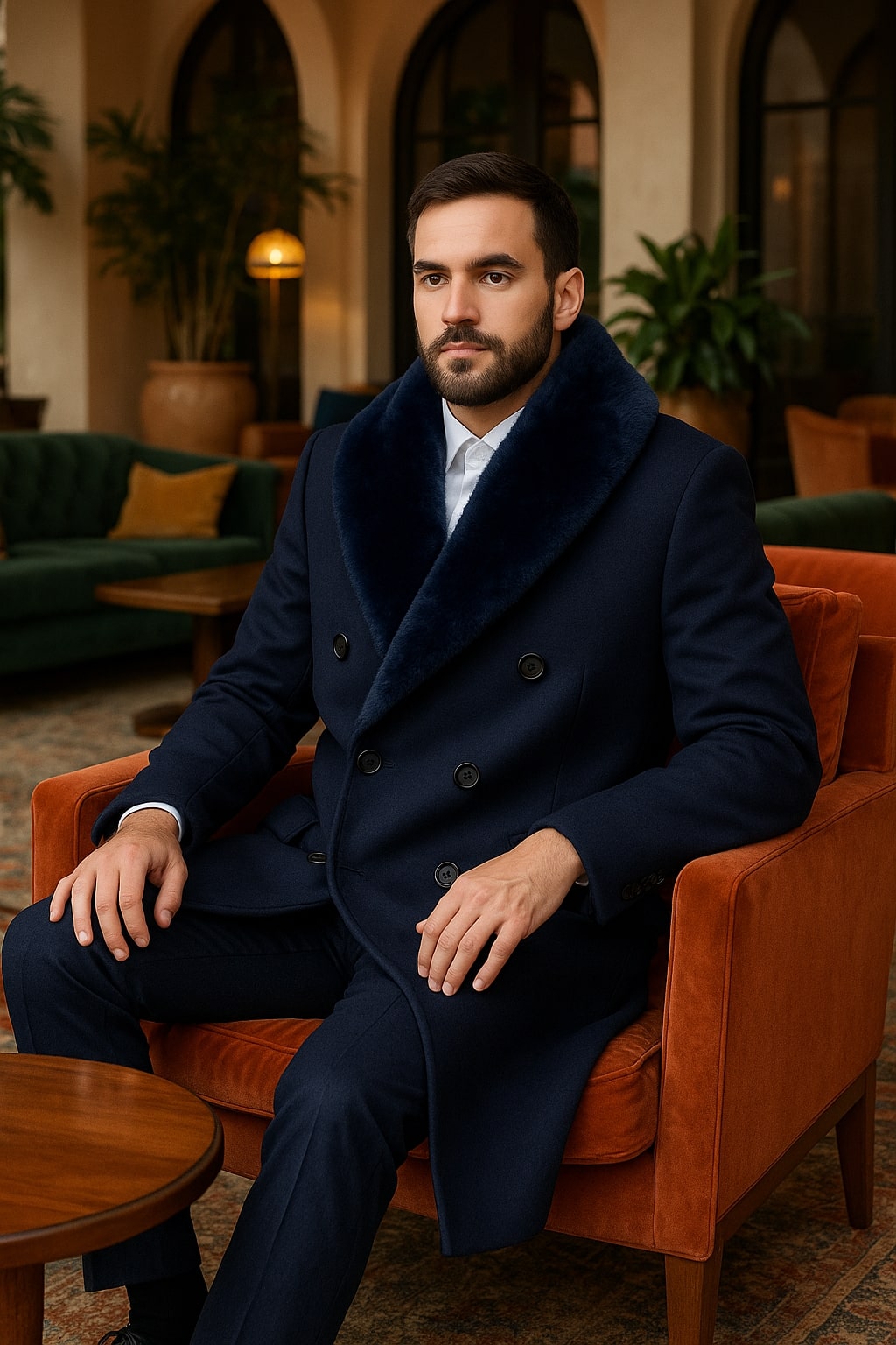 Mens Double-Breasted Navy Overcoat with Plush Blue Faux Fur Collar  Alberto Nardoni Winter Coat
