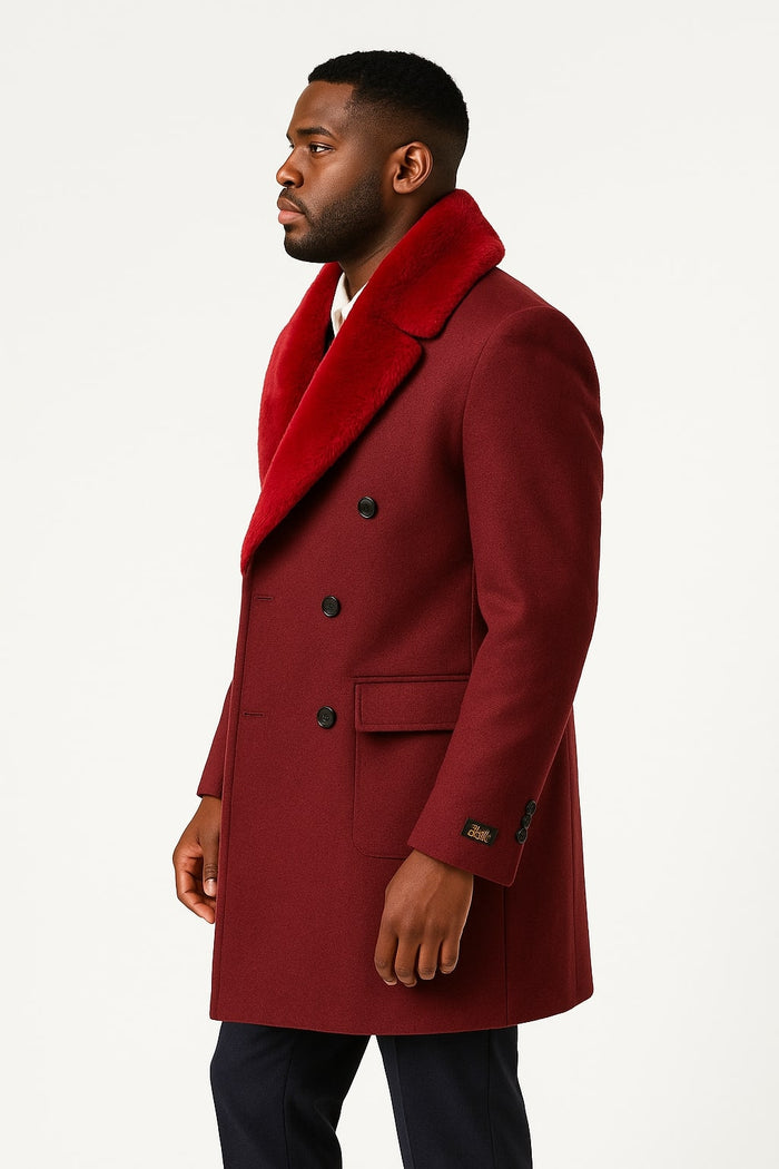 Mens Double-Breasted Burgundy Overcoat with Red Faux Fur Shawl Collar  Alberto Nardoni Winter Coat