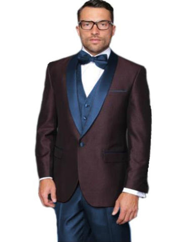 Alberto Nardoni Burgundy ~ Plum And Dark Navy Blue Lapel Burgundy Suit Tuxedo Vested 3 Piece Suit Wedding / Prom / Party Suit