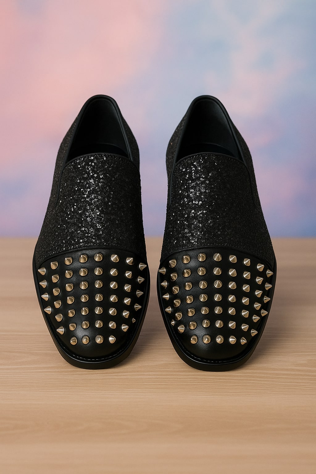 Men's Black Glitter Loafers with Spike Studded Toe  Designer Slip-On Dress Shoes for Parties and Events