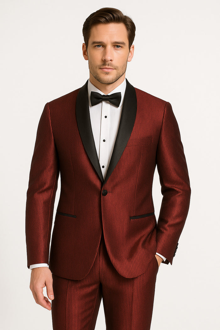 Men's Burgundy Shiny Tuxedo with Black Satin Shawl Lapel  Ultra Slim Fit Party & Prom Suit