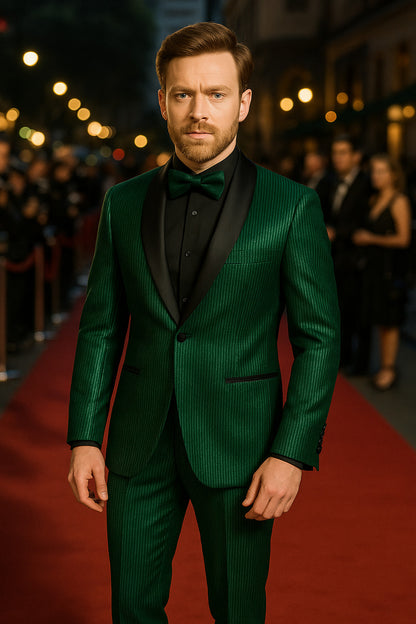Men's Emerald Green Shiny Tuxedo with Black Satin Lapel and Matching Bow Tie  Ultra Slim Fit