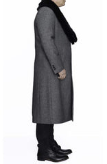 Removable Fur Collar Full Length Wool Dress Ankle length Overcoat In Grey Herringbone - Men's Tuxedo USA