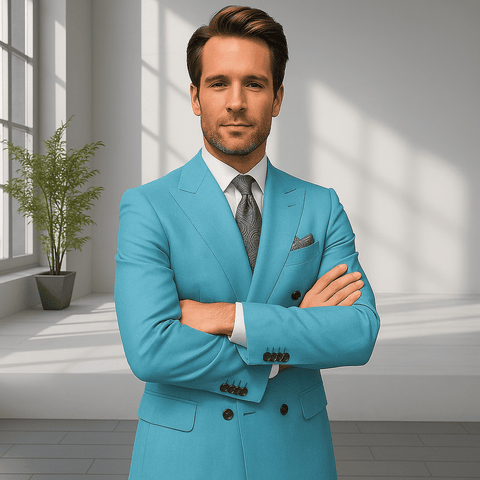 Wool Suit - Italian Made Business Suit by Statement Men's 2 Piece 100% Wool Double Breasted Suit - Pinstripe Pattern