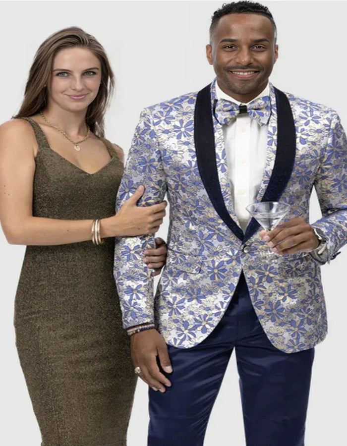 Blue Wedding Tuxedo - Mens Aqqua Blue and Gold Floral Paisley Prom Pattern Tuxedo Jacket