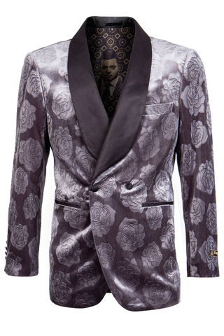 Mens Gray Tuxedo - Grey Wedding Suit-Mens  Double Brested  Floral Rose Print Velvet Smokin Jacket In Grey