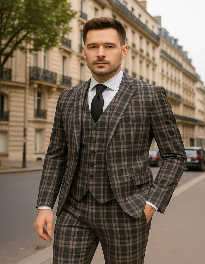 Men's Black and White Plaid Three-Piece Suit  Modern Slim Fit Tuxedo for Church and Business
