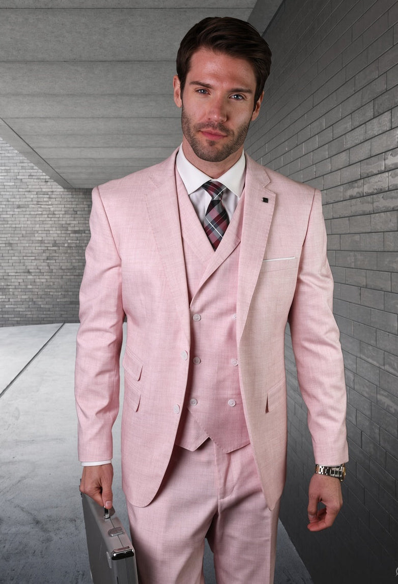 Mens Ticket Pocket Peak Lapel Double breasted Vest 100% Wool Tom Ford Style Modern Fit in Color "Pink" By Statement
