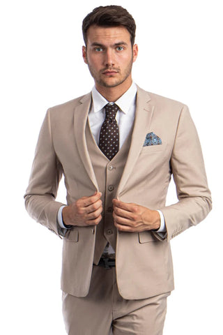 Men's Two Button Slim Fit Vested Solid Basic Color Suit in Medium Tan - Men's Tuxedo USA