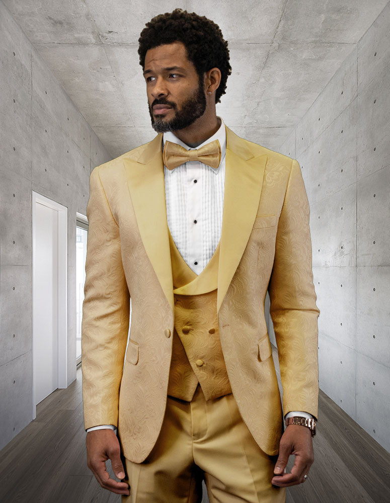 Men's Gold Floral Brocade Three-Piece Suit with Vest and Bow Tie