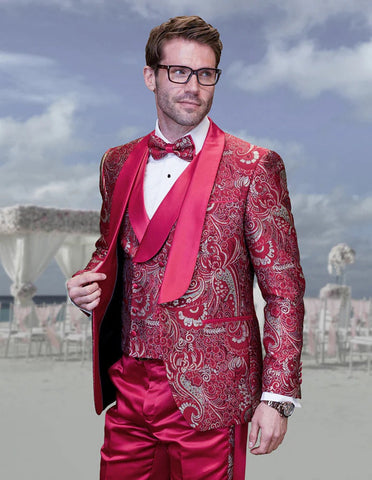 Statement Men's Red Patterned Vested Tuxedo with Bowtie