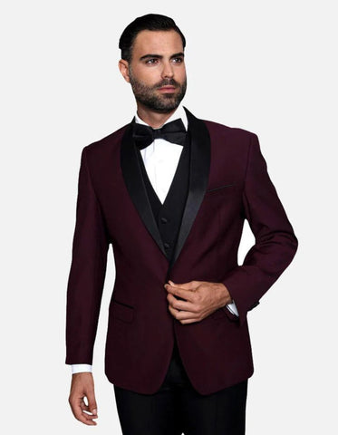 Statement Men's Burgundy with Black Lapel Vest 100% Wool Tuxedo