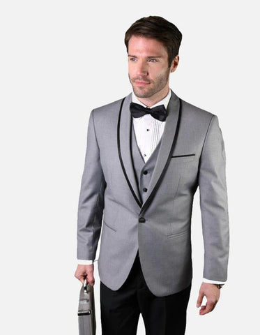 Statement Men's Grey with Black Lapel Vested 100% Wool Tuxedo