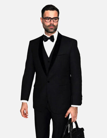 Statement Men's Black with Black Lapel Vested 100% Wool Velvet Tuxedo - Men's Tuxedo USA