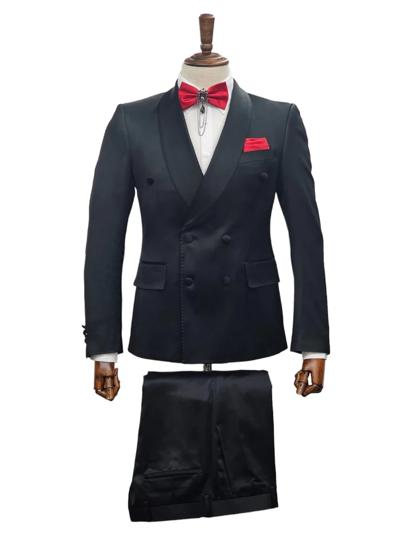 Double Breasted Tuxedo Suit  - Slim fitted Suit -  Black  Suit - Shawl Collar - Men's Tuxedo USA