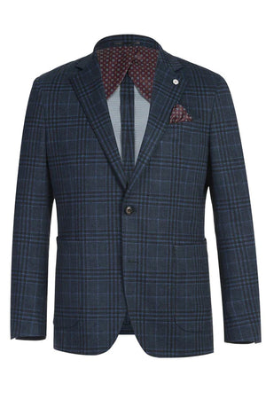 Saco vaquero - Western Sport Coat - Western Blazer - Mens Two Button Slim Fit Patch Pocket Blazer In Blue Grey Windowpane Plaid