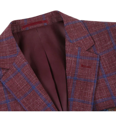 Saco vaquero - Western Sport Coat - Western Blazer- Mens Slim Fit Two Button Wool Sport Coat Blazer In Burgundy & Blue Windowpane Plaid