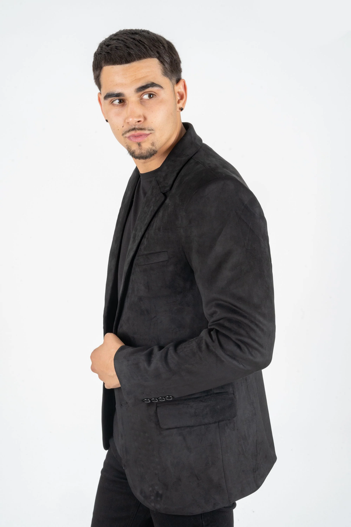 Mens Double Button Faux Suede Black Blazer