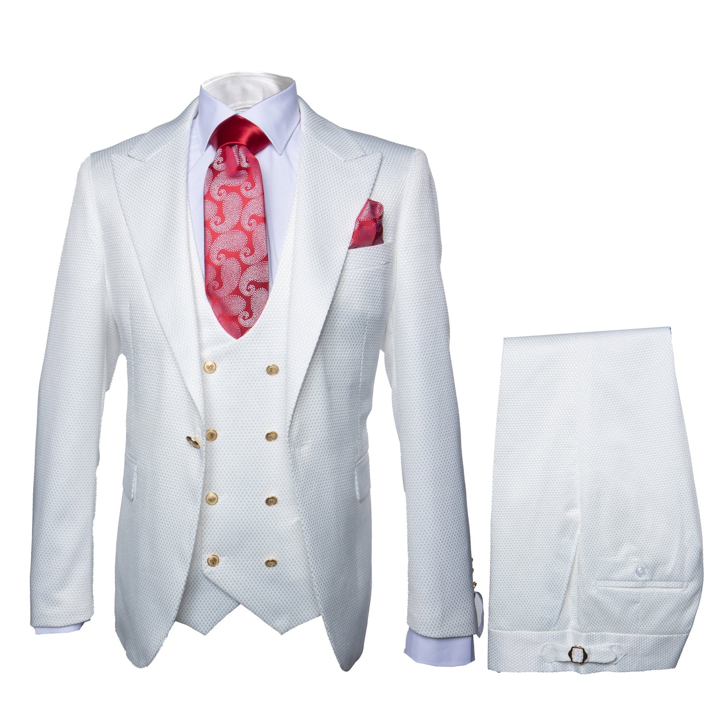 Rossi Man Slim Fit 3-Piece White Suit ?? Peak Lapel, Double-Breasted Vest & Flat Front Pants