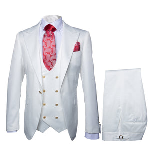 Rossi Man Slim Fit 3-Piece White Suit ?? Peak Lapel, Double-Breasted Vest & Flat Front Pants