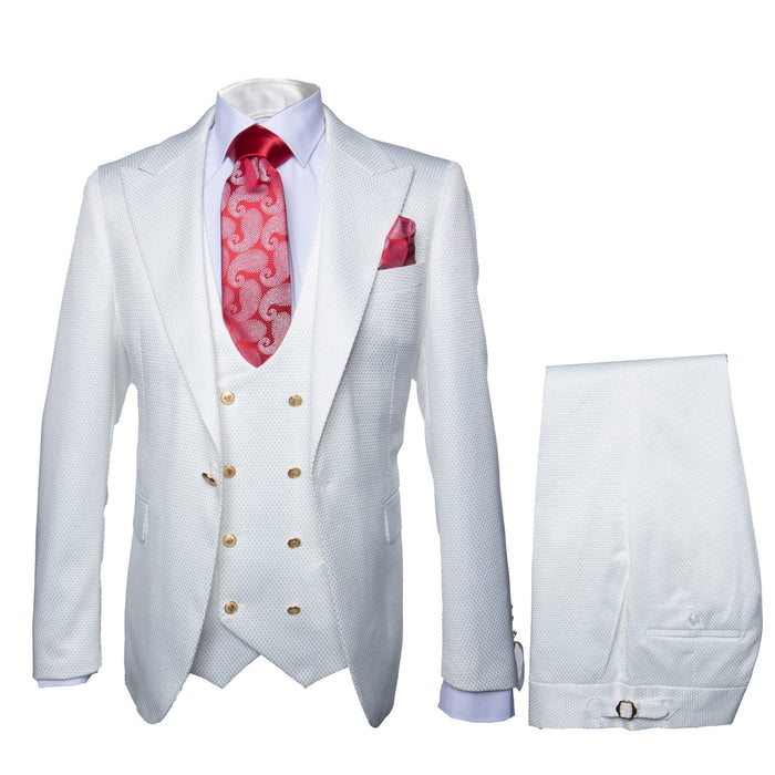 Rossi Man Slim Fit 3-Piece White Suit ?? Peak Lapel, Double-Breasted Vest & Flat Front Pants
