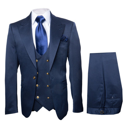Rossi Man BOND RM1752 Slim Fit 3-Piece Navy Suit ?? 1-Button Peak Lapel, Double-Breasted Vest & Flat Front Pants