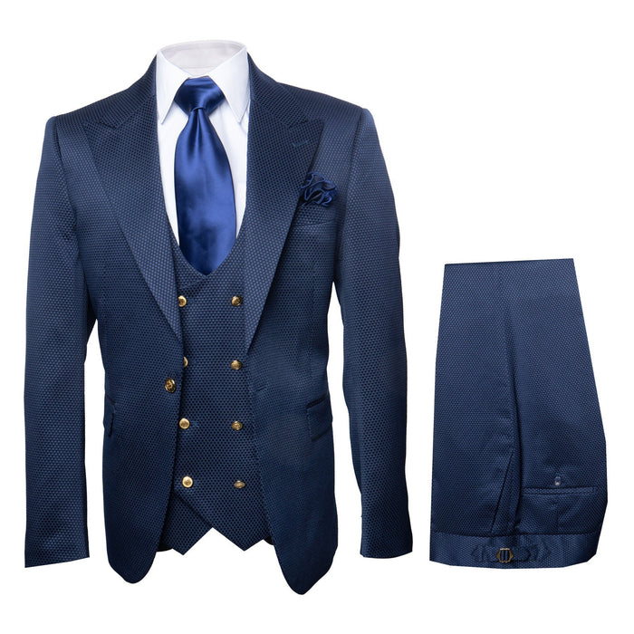 Rossi Man BOND RM1752 Slim Fit 3-Piece Navy Suit ?? 1-Button Peak Lapel, Double-Breasted Vest & Flat Front Pants