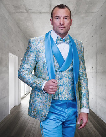 Statement Men's Turquoise Patterned Vested Tuxedo with Bowtie