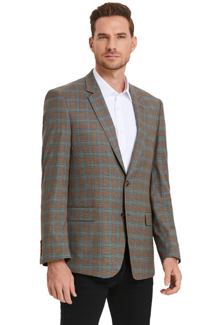 Saco vaquero - Western Sport Coat - Western Blazer- Men's Two Button Business Casual Double Windowpane Sport Coat In Dark Camel Bronze & Teal