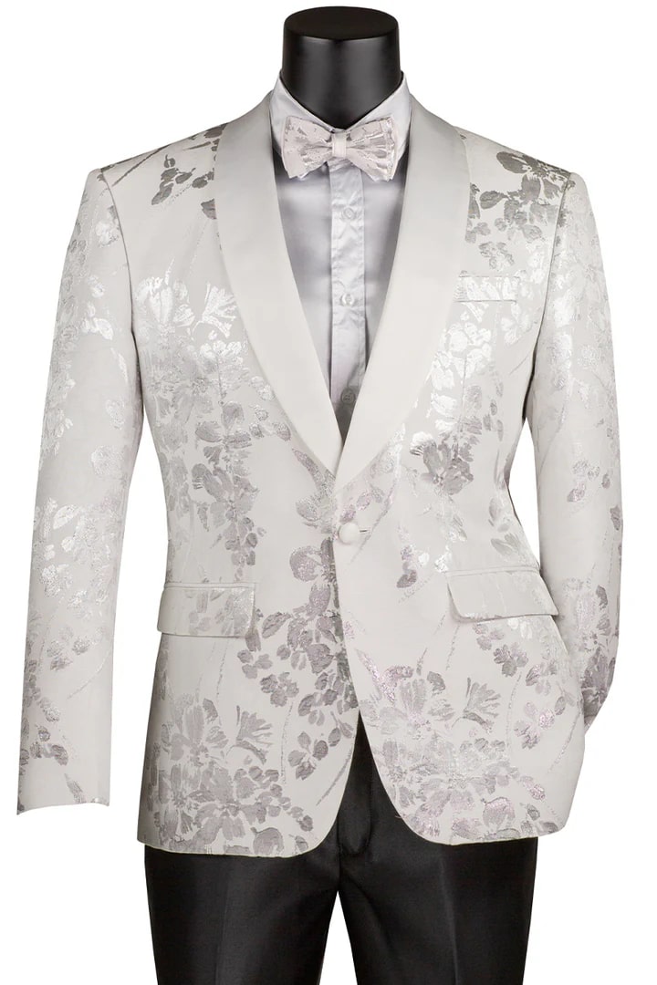 38 All White Mens Tuxedo Wedding Suit Men's Shiny Foil Floral