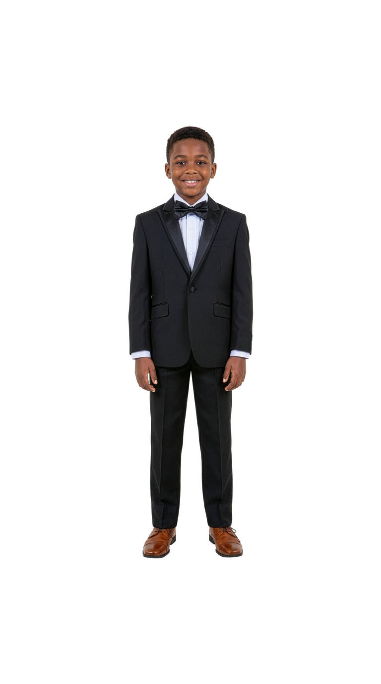 Boys' Modern Fit 4-Piece Tuxedo Set – Satin Peak Lapel with Trim