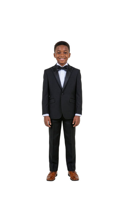 Boys' Modern Fit 4-Piece Tuxedo Set – Satin Peak Lapel with Trim