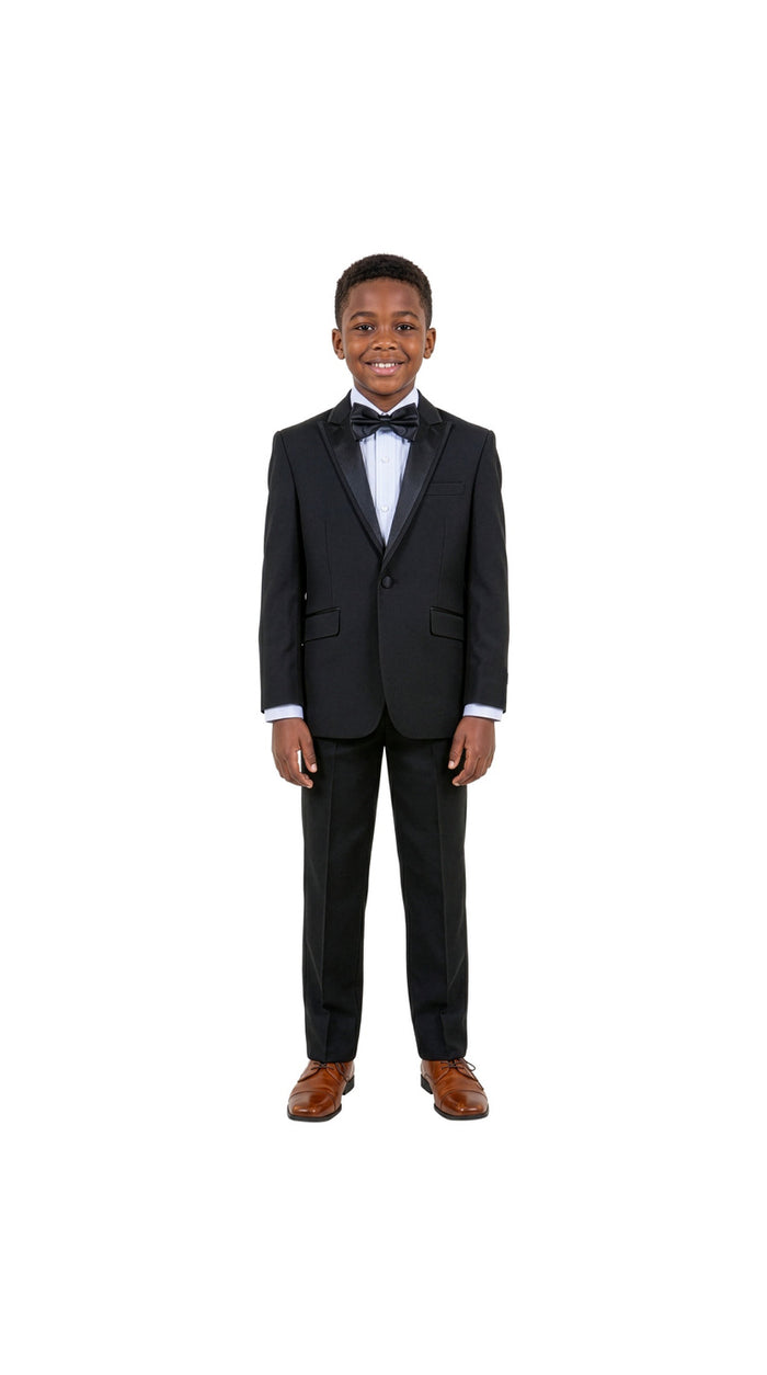 Boys' Modern Fit 4-Piece Tuxedo Set – Satin Peak Lapel with Trim