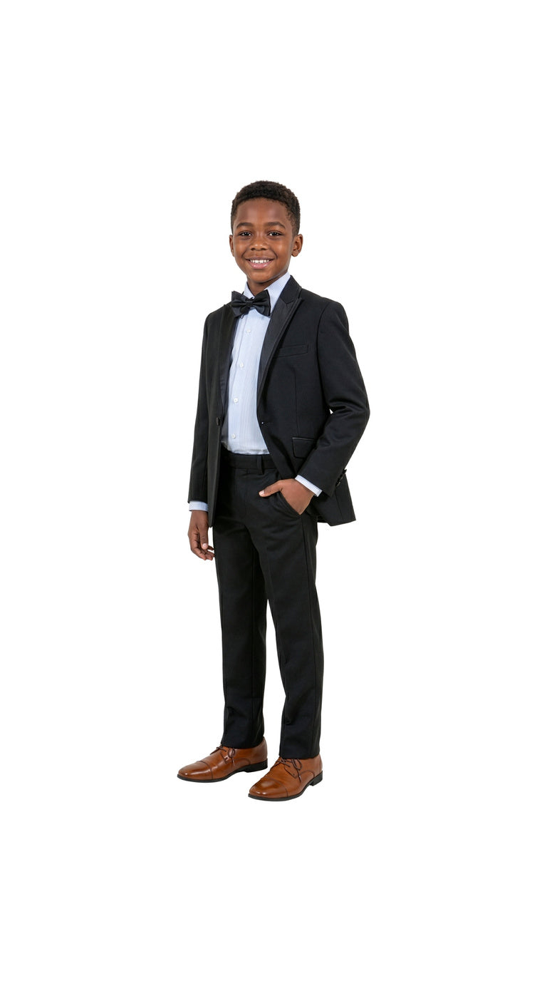 Boys' Modern Fit 4-Piece Tuxedo Set – Satin Peak Lapel with Trim