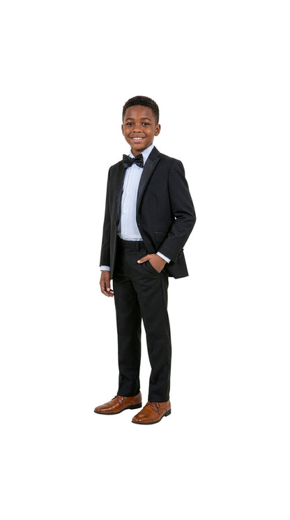 Boys' Modern Fit 4-Piece Tuxedo Set – Satin Peak Lapel with Trim