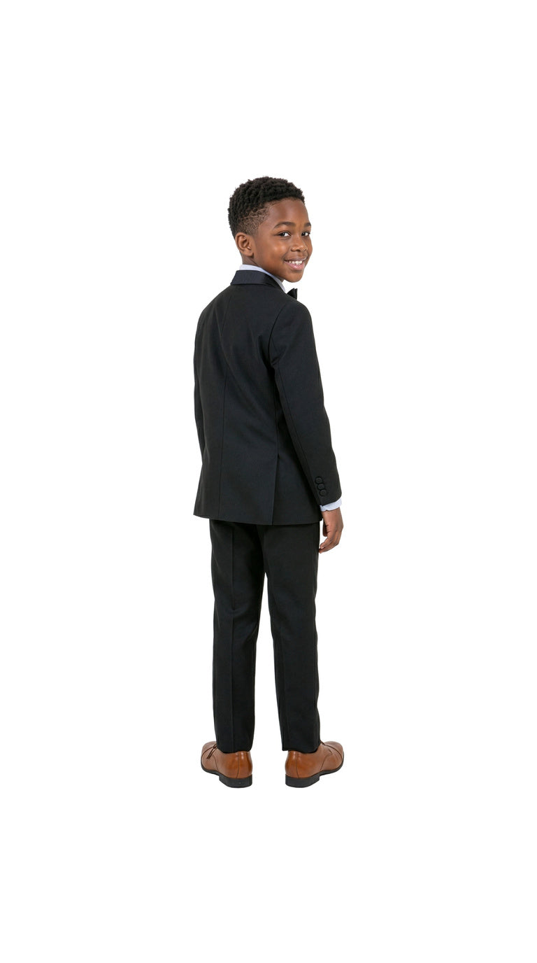 Boys' Modern Fit 4-Piece Tuxedo Set – Satin Peak Lapel with Trim