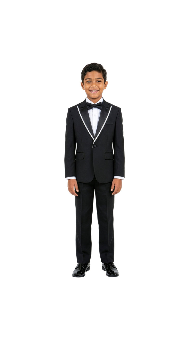Boys' Modern Fit 4-Piece Tuxedo Set – Satin Peak Lapel with Trim