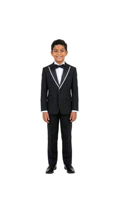 Boys' Modern Fit 4-Piece Tuxedo Set – Satin Peak Lapel with Trim