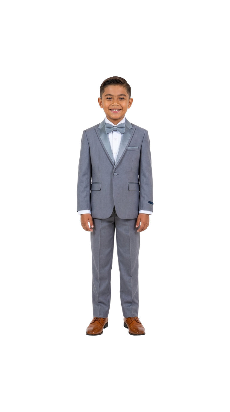 Boys' Modern Fit 4-Piece Tuxedo Set – Satin Peak Lapel with Trim