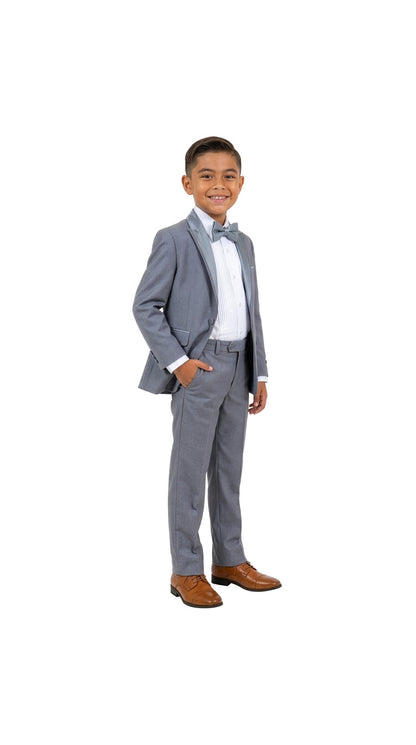 Boys' Modern Fit 4-Piece Tuxedo Set – Satin Peak Lapel with Trim