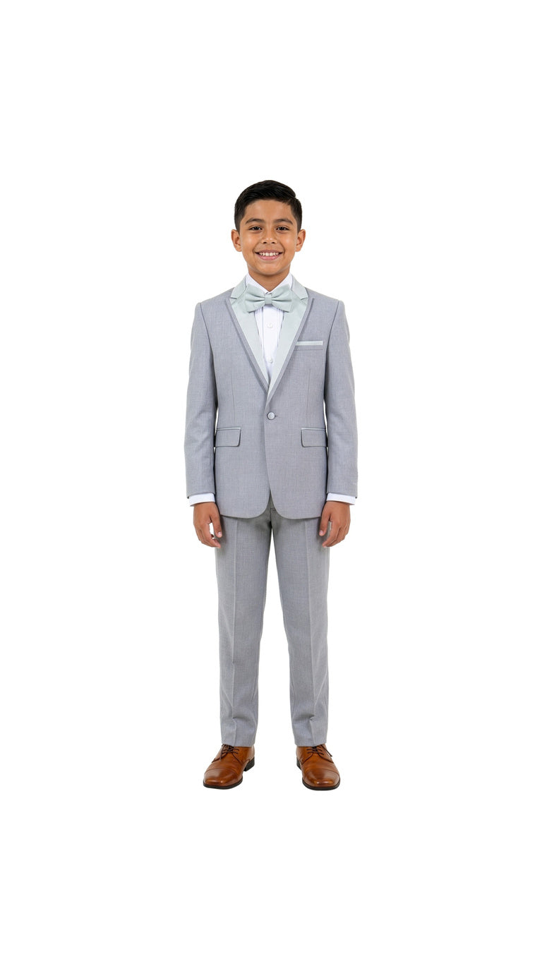 Boys' Modern Fit 4-Piece Tuxedo Set – Satin Peak Lapel with Trim