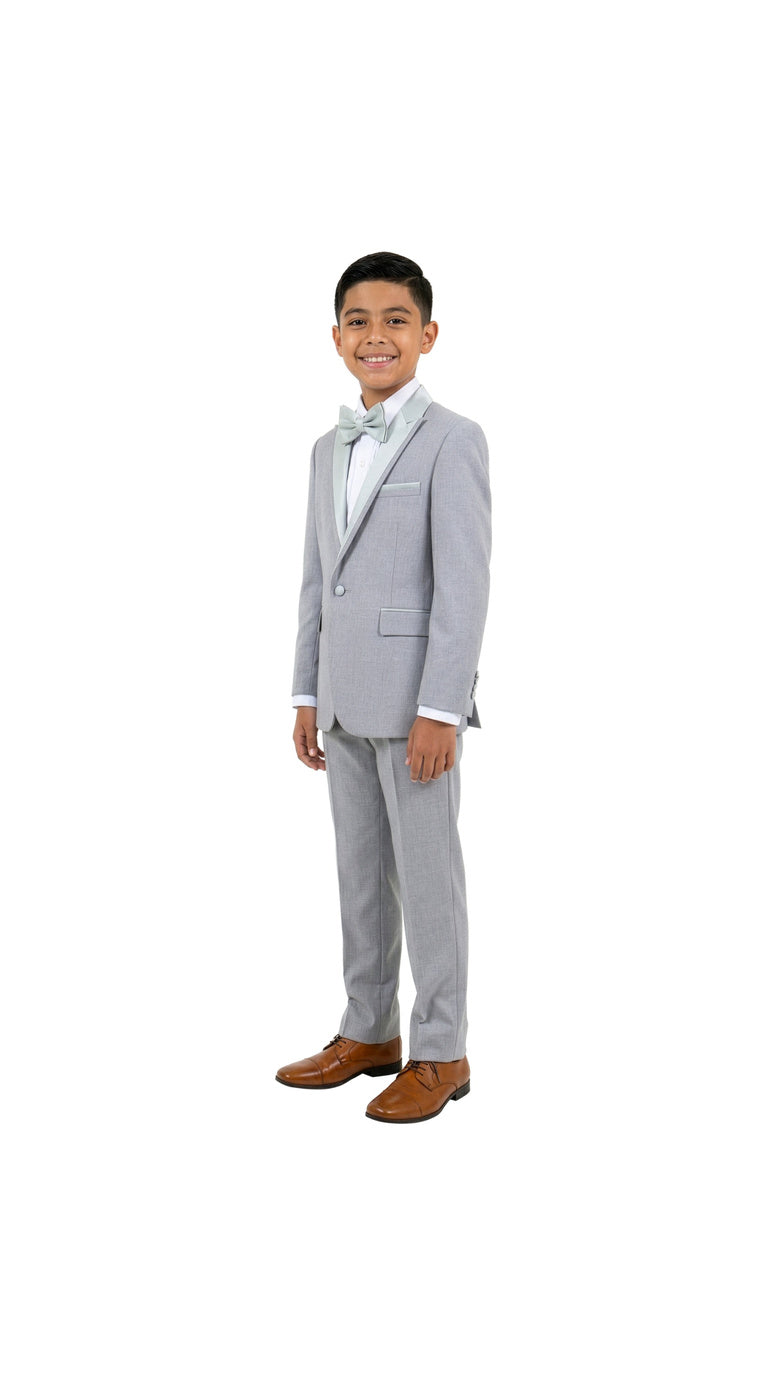 Boys' Modern Fit 4-Piece Tuxedo Set – Satin Peak Lapel with Trim