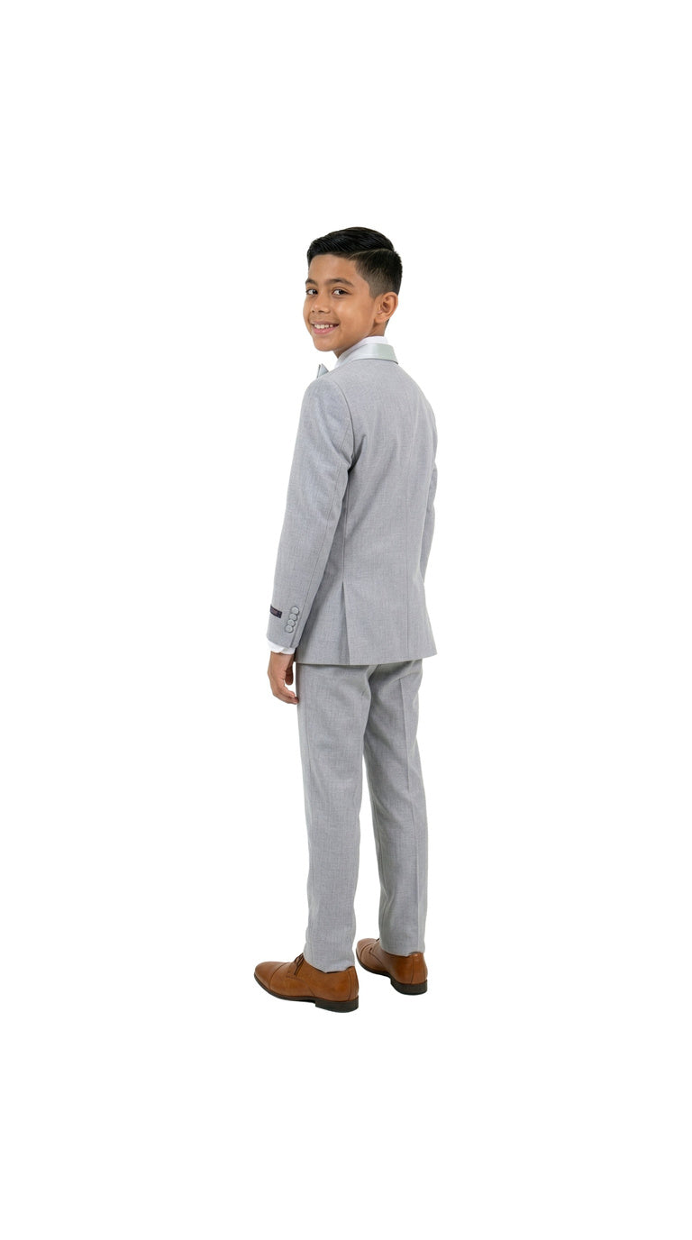 Boys' Modern Fit 4-Piece Tuxedo Set – Satin Peak Lapel with Trim