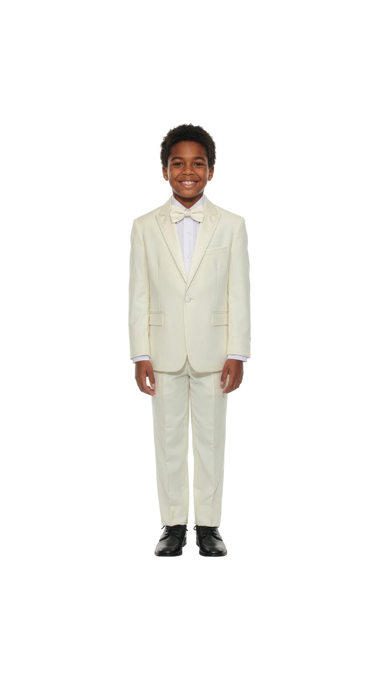 Boys' Modern Fit 4-Piece Tuxedo Set – Satin Peak Lapel with Trim