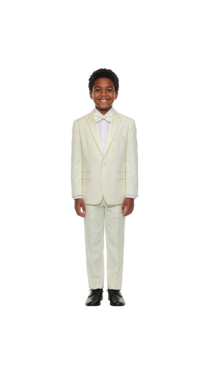 Boys' Modern Fit 4-Piece Tuxedo Set – Satin Peak Lapel with Trim