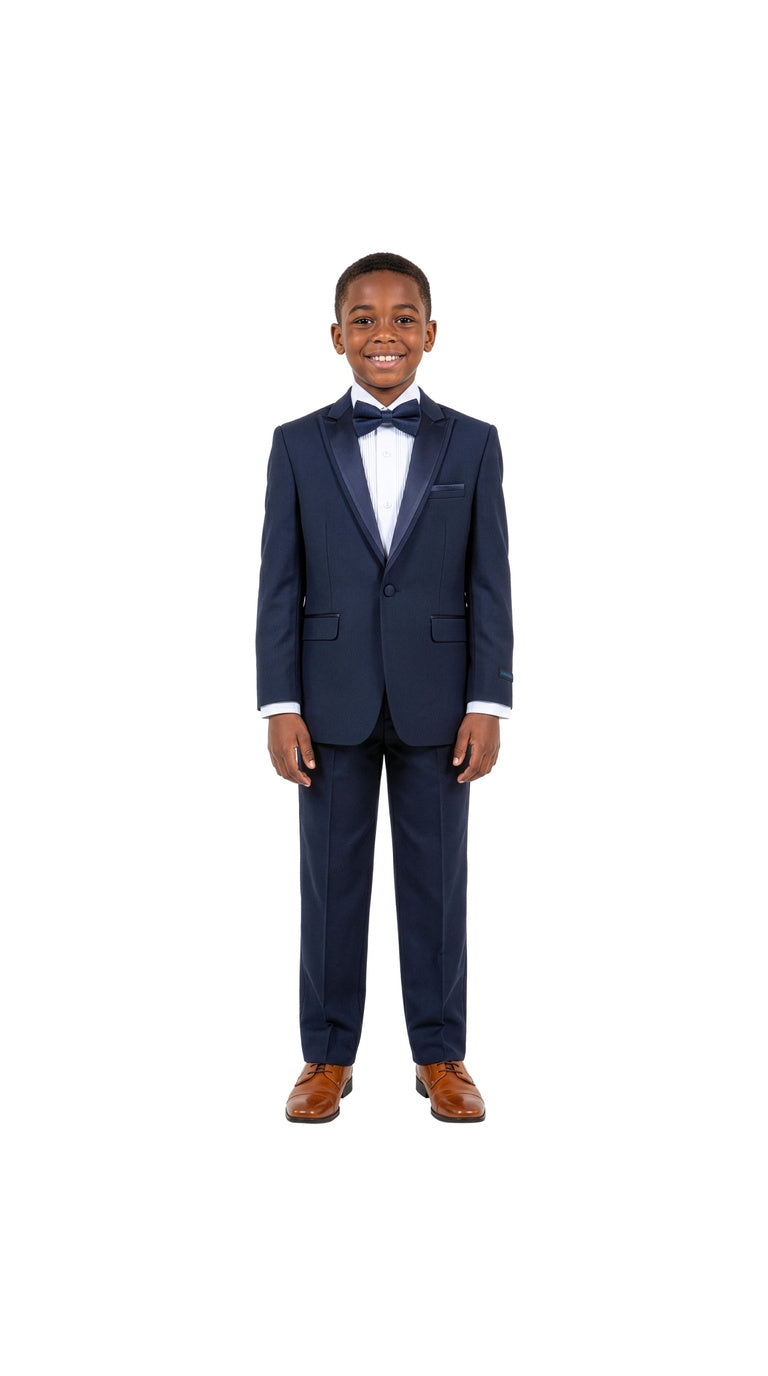 Boys' Modern Fit 4-Piece Tuxedo Set – Satin Peak Lapel with Trim