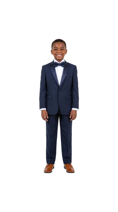 Boys' Modern Fit 4-Piece Tuxedo Set – Satin Peak Lapel with Trim